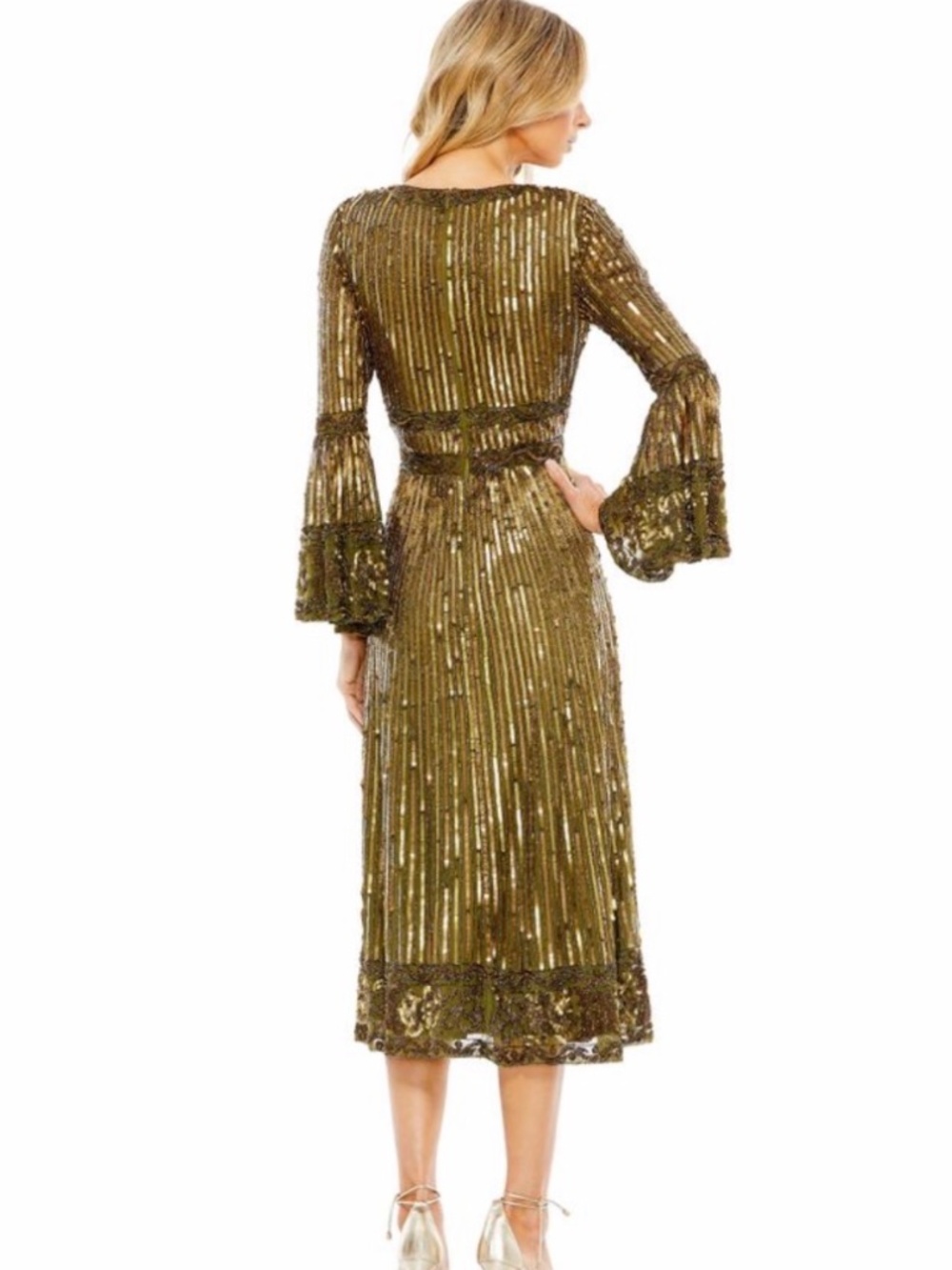 Mac Duggal Embellished Bell Sleeve V-Neck Tea Length Dress Size 14 - Picture 2 of 7